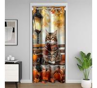 Manfei Rideau de porte Hello Fall - Motif chat mignon - Citrouilles - Feuilles d'érable - Pour chambre à coucher, porte, salon, décoration de chambre d'enfant - 152,4 x 203,2 cm - 1 panneau