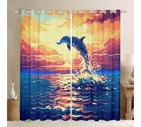 Manfei Rideaux de fenêtre en forme de dauphin pixel, dessin animé, coucher de soleil, décoration de chambre pour garçons et filles, rideaux de fenêtre de blocs de pixels, bleu et orange, 2 panneaux