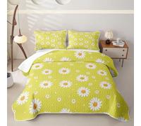 Manfei Sweet Daisy Parure de lit double avec 2 taies d'oreiller | Parure de lit 3 pièces matelassée à motif floral Kawaii pour toutes les saisons, citron et blanc pour enfants