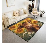 Manfei Tapis antidérapant pour enfants, adolescents et adultes, motif vache brune, tournesols jaunes, aquarelle, tournesols jaunes, tapis antidérapant pour chambre à coucher, canapé, 1,5 x 1,8 m