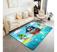 Manfei Tapis antidérapant pour enfants, garçons et filles, motif bateau pirate, poisson, crabe, vie marine sauvage, bleu ciel, mer, cocotiers tropicaux, pour chambre à coucher, chaises, 1,5 x 1,8 m