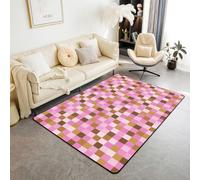 Manfei Tapis antidérapant sur le thème de la grille pixel de dessin animé pour enfants, garçons, filles et adultes, tapis de sol simple abstrait, tapis marron et rose pour salon, chambre à coucher