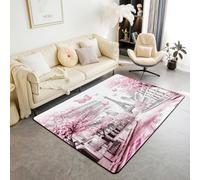 Manfei Tapis tour Eiffel 1,5 x 1,8 m - Motif floral de Paris romantique - Ne perd pas ses poils - Pour chambre à coucher, salle de jeux, table de chevet, motif ville moderne pour adolescents, enfants