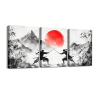 Manfei Toile murale à 3 panneaux - Impressions sur toile de samouraï japonais, bambou noir, montagne rouge, soleil rouge - Œuvre d'art pour décoration murale d'intérieur : salon, chambre à coucher