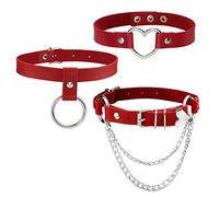 Manfnee 3Pcs Choker Rock Punk Gothique Collier Ras de Cou Chaîne Coeur Cercle Femme Homme Rouge