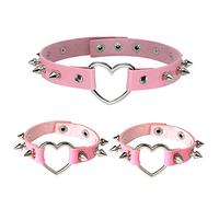 Manfnee Cuir PU Choker Bracelet Punk Gothique Creux en forme de Coeur avec Rivets Rose Réglable