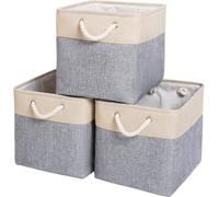 Mangata Boîtes de Rangement,(33x38x33cm) Grandes Paniers de Rangement pliable en toile avec poignées en corde Pour Vêtements/étagère (Gris/Beige, 3Pack)