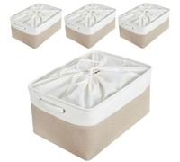 Mangata Boîtes de Rangement 4Pcs en Tissu Panier de Rangement Grand en Toile avec Poignées pour Étagères Vêtements Jouets (Pliable, Blanc Kaki Clair, Extra Large)