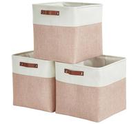 Mangata Boîtes de rangement pliables en cube, paniers de rangement en tissu tissé de lin de 28 cm avec poignées en cuir 3 pièces (rose et blanc)