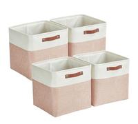 Mangata Collapsible Storage Cube Boxes, 30CM Cube toile tissée paniers de stockage en tissu avec poignées en cuir 4PCS (Rose et Blanc)