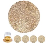 MANGATA Dessous de Verre Doré, Rond sous Verre en Vinyle pour Verre, Tasses à Café, Tasses à Thé et Bouteilles - Fêtes, Maison, Bureau (Or, Set de 4)