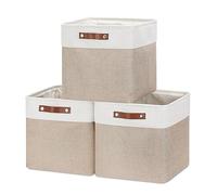 Mangata - Lot de 3 boîtes de rangement pliables en cube en lin tissé avec poignées en cuir, 30 cm (Kaki clair et blanc)