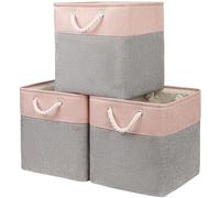 Mangata Lot de 3 grands paniers de rangement pliables en tissu pour organiser les vêtements, étagère, placard de chambre d'enfant, 33 x 38 x 33 cm (gris/rose)