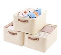 Mangata Lot de 3 paniers de rangement pliables avec poignée en cuir - Panier de rangement en lin épais pour jouets, vêtements, maison, linge (kaki clair, moyen)