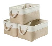 Mangata Panier Rangement Petite, Boite de Rangement Tissu rectangulaire Dressing avec poignée pour Jouets, Armoire (Set of 3, Pliable, Kaki Clair Blanc)