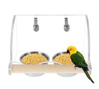 Mangeoire à eau pour oiseaux - En acrylique - Transparent - Pour cage - En acier inoxydable - Avec support en bois - Pour perroquets (B)