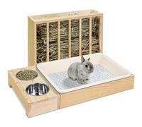 Mangeoire à Foin en Bois pour Lapins, avec bac à litière pour Chat, gamelle pour Animaux, 4 en 1, Convient aux Petits Animaux, Lapins, Hamsters et cochons d'Inde