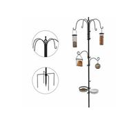 Mangeoire À Oiseaux Complet H.2,26 M Style Rustique Chic - 6 Crochets Réglables, 4 Mangeoires, Plateau D¿Alimentation, Grand Bain, 4 Piquets D'ancrage Au Sol - Acier Époxy Aspect Fer Forgé