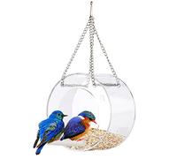 Mangeoire à oiseaux de fenêtre transparente avec chaîne de suspension à ventouse et perche debout, mangeoire ronde transparente pour l'extérieur, pour gros plan d'oiseaux sauvages en plein air