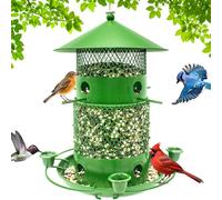 Mangeoire à oiseaux d'extérieur en métal avec deux perchoirs | Design en maille résistante aux écureuils | Distributeur de graines à suspendre pour cardinaux, merles bleus et oiseaux chanteurs (vert)