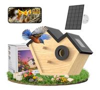 Mangeoire à oiseaux en bois avec caméra, 2K HD WiFi - Mangeoire intelligente pour oiseaux avec IA identifie les espèces d'oiseaux et lumière LED, alertes instantanées avec énergie solaire sans fil