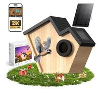 Mangeoire à oiseaux en bois avec caméra, caméra intelligente WiFi 2K HD à énergie solaire avec lumière LED, carte de 32 Go, caméra d'extérieur sans fil, nichoir en bois pour l'extérieur, cadeaux pour
