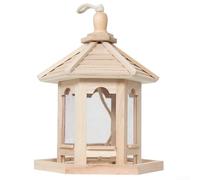 Mangeoire à oiseaux hexagonale en bois à suspendre 25 x 20 cm pour le jardin et la faune, recharge avec dessus amovible, bois robuste résistant aux intempéries, observation des oiseaux en plein air