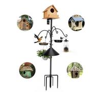 Mangeoire à oiseaux robuste de 233,7 cm - Base à 5 griffes, 4 crochets de berger, déflecteur résistant aux écureuils, mangeoires suspendues et bain d'oiseaux - Support d'extérieur en acier robuste