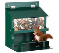Mangeoire de pique-nique en forme d'écureuil, construction en métal avec toit étanche, fenêtre transparente, plateau amovible pour rangement de noix