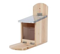 Mangeoire en bois avec toit en métal pour écureuils - 26 x 25 cm - Mangeoire pour animaux sauvages avec plateforme d'assise - Station d'alimentation en bois massif automatique à suspendre avec vitre