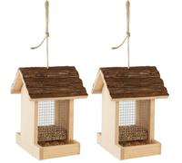 Mangeoire Oiseaux extérieur - Friso Naturel - 23,5 cm - pour graines & cacahuètes - Bois de pin - Couvercle Amovible - Flamingo (Lot de 2)