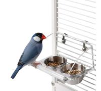 Mangeoire pour Cage à Oiseaux, Double Bol INOX en Acier Inoxydabl | Perchoir Antidérapant, Déflecteur en Acrylique, Montage par Crochet ou par Écrou, Installation Stable, Pas Facile à Renverser
