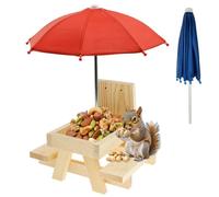 Mangeoire pour écureuils - Table de pique-nique avec 2 parapluies - Distributeur de nourriture en bois pour l'extérieur - Avec support pour épis de maïs - Solide
