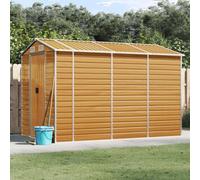 Mangloder Abri de jardin en acier galvanisé marron clair 191 x 300 x 198 cm avec 4 ouvertures d'aération, poignées de porte et toit incliné pour outils, bois de chauffage et rangement extérieur