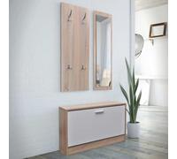 Mangloder Armoire à chaussures 3 en 1 avec miroir et panneau porte-manteau en bois, peu encombrant, avec 4 crochets en métal, espace de rangement pour baskets, bottes et pantoufles, montage facile