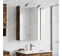 Mangloder Armoire de Salle de Bain avec Miroir Double Face en Bois d'Ingénierie Chêne Fumé 60 x 14,5 x 70 cm pour Rangement Murale, Étagères Ajustables, Éclairage LED Blanc, Usage Intérieur