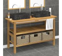 Mangloder Armoire de Salle de Bain en Bois de Teck Massif avec lavabo en marbre Noir Meuble Rangement Mural avec paniers et Porte Serviettes pour Toilette et Espace de Rangement