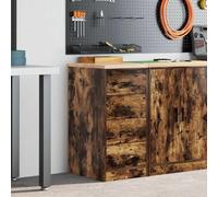 Mangloder Armoire industrielle en bois massif chêne fumé avec 4 tiroirs et plan de travail robuste pour atelier, garage, entrepôt ou bureau verrouillable, porte en métal robuste, rangement sûr