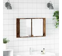Mangloder Armoire Miroir de Salle de Bain en Bois Ancien 80 x 12 x 45 cm avec Éclairage LED Multicolore, Rangement Murale, Deux Portes en Verre, Étagères Solides