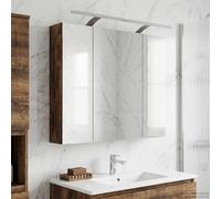 Mangloder Armoire Miroir Salle de Bain Chêne Fumé 80 x 14.5 x 70 cm avec Étagères, Porte à Charnières, Miroir Réversible, Design Murale, Rangement Compact, Éclairage LED Blanc, Usage Intérieur