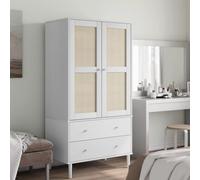 Mangloder Armoire SENJA aspect rotin blanc en pin 90 x 55 x 175 cm avec 2 tiroirs, 4 compartiments, poignées en bois et support mural pour chambre à coucher, couloir et dressing