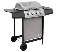 Mangloder Barbecue à gaz à 4 flammes, noir et argent, acier revêtu par pulvérisation, puissance 8,0 kW, allumage piézo, thermomètre, bac récupérateur de graisse, roulettes, hotte pour jardin et