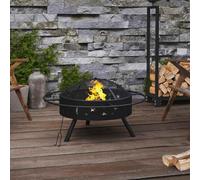 Mangloder Brasero avec tisonnier 70 cm XXL en acier noir avec protection anti-étincelles et couvercle en filet, pour jardin et terrasse, autonome, chaleur et ambiance pour bois de chauffage, extérieur