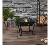 Mangloder Brasero en acier 50 cm avec tisonnier et protection contre les étincelles, foyer de jardin en noir, design robuste pour terrasse, chaleur et ambiance chaleureuse en extérieur