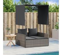 Mangloder Chaise Longue Double avec Toit et Rideaux en résine tressée Gris pour Jardin terrasse Balcon Piscine Plage extérieur Relax inclinable avec Coussins Matelas et Repose-Pieds