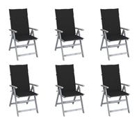 Mangloder Chaises inclinables de Jardin en Bois d'acacia Massif Gris avec Coussins Noirs Lot de 6, dossiers réglables en 5 Positions pour terrasse, Balcon, Piscine, Confort et détente en extérieur