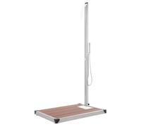 Mangloder Douche de jardin avec plaque de fond marron en WPC et acier inoxydable, douche extérieure de 225 cm avec tête cascade et douchette à main, tuyau de 1,5 m pour piscine, jacuzzi, jardin et été