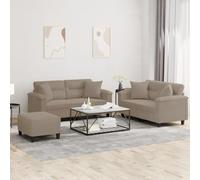 Mangloder Ensemble canapé 3 pièces Taupe Tissu Microfibre avec Coussins, 2 canapés 2 Places 120-140 cm, Pouf Repose-Pied Compact, Structure métal et contreplaqué, Salon séjour Bureau