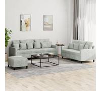 Mangloder Ensemble de canapés 3 pièces en Velours Gris Clair avec 8 Grands Coussins et 10 Petits Coussins, Pouf Compact, Structure Robuste en métal et contreplaqué