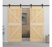 Mangloder Ensemble de porte coulissante en pin massif naturel et noir, 2 portes avec 4 rails, 4 roulettes, 4 butées de porte, intérieur pour appartement, maison, chambre, couloir et cuisine